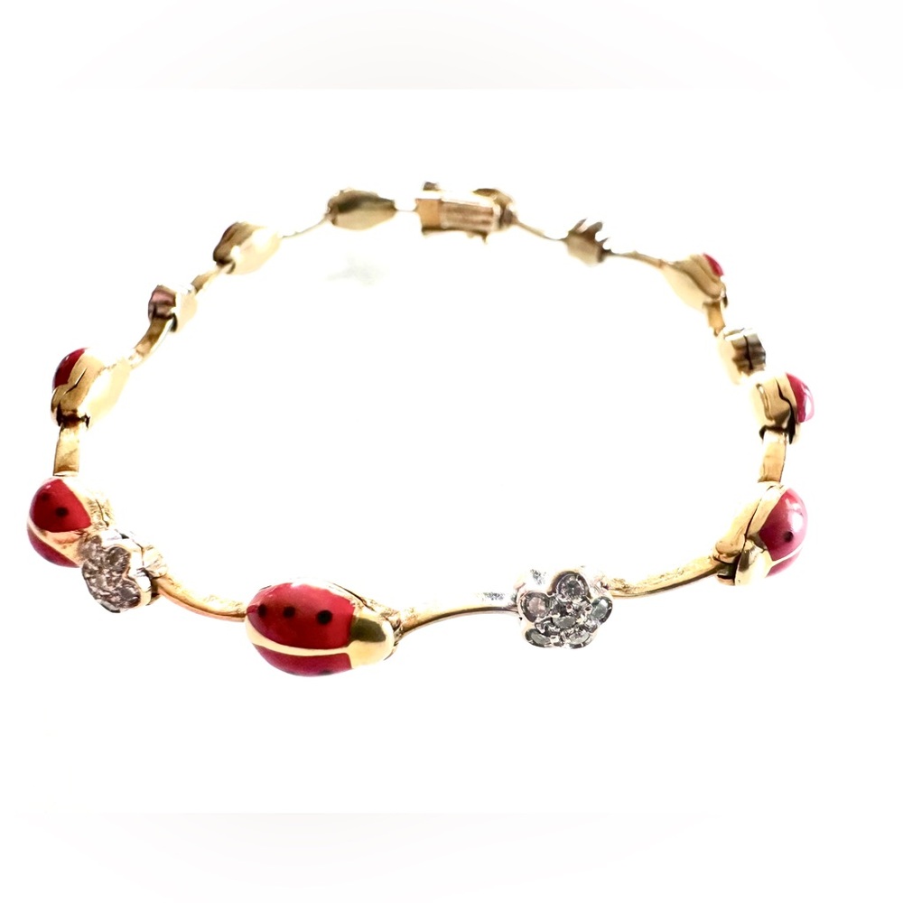Aaron Basha Red Ladybug Pave Diamond Flower Bracelet